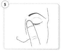 Finger pressing down on the lower eyelid, pulling it downward to administer drops into the conjunctival sac with the eye closed