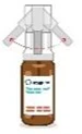 Spray dispenser made of brown glass, white nozzle with two branched tubes for nasal administration, label with text and logo on the bottle