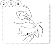 A hand holds a syringe inserting the needle under the skin of the abdomen, the other hand gently pulls the skin; numbers 2, 3, 4 indicate the sequence of steps