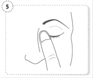 A finger pulls down the lower eyelid to administer drops into the eye, with an image showing the number 5 in a circle