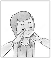 A woman with her eyes closed gently massages the age-prone areas with both hands, demonstrating the application technique of a cosmetic product or facial massage