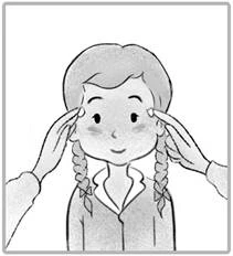 A girl with braids holds her hands to her temples, indicating the site of application or sensation of head discomfort
