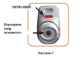 Device with a digital display showing 60, a red indicator, and a mouthpiece opening, with arrows pointing to the mouthpiece opening and the red indicator