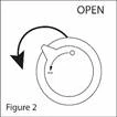 Tapa redonda con una flecha que indica giro en sentido antihorario para abrir, con la leyenda OPEN y la etiqueta Figure 2