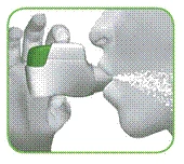 Hand holding an inhaler with green component, patient inhaling medication from the device, visible flow of medication into the mouth