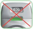 Device with digital display showing 60, crossed out with a red X, green strip below the display