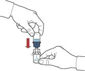 Two hands inserting a syringe needle into an ampoule of medication, with a red arrow indicating the direction of pressing the plunger to draw up the solution