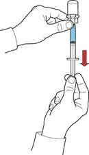 Hands holding a syringe with a needle, drawing liquid from a vial, with a red arrow indicating the direction of pressing the plunger