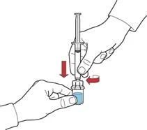 Una mano sostiene la jeringa e introduce la aguja en una ampolla de medicamento, la otra mano sujeta la ampolla, las flechas rojas muestran la dirección del movimiento del émbolo y la apertura de la ampolla
