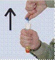 One hand holds a glass ampoule of medication while another hand opens the cap, with a black upward arrow next to the ampoule