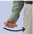 A hand in a green sleeve holds a syringe with a red cap, performing an injection movement in the direction of the arrow