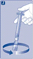 Mano sostiene la jeringa que se inserta en la ampolla, con una flecha que indica el giro para extraer la solución
