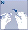 Manos desenroscan la tapa de un frasco de medicamento, una flecha azul indica la dirección del giro, con la letra G en la esquina superior izquierda