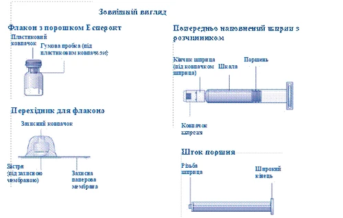 Espokot powder vial, vial adapter, prefilled syringe with solvent, and plunger rod with dosing marks
