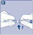 Two hands unscrewing an ampoule cap, arrow indicating counterclockwise rotation, letter H in the upper left corner