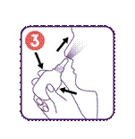 Una mano tiene uno spray nasale puntato verso il naso, con frecce che indicano il movimento verso l'alto e verso il basso, e il numero 3 in un cerchio rosso