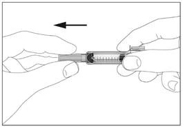 Two hands holding a syringe, one hand pressing the plunger in the direction of the arrow, the other stabilizing the syringe barrel for solution administration