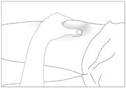 A hand holding a syringe at a 45-degree angle, inserting the needle into the muscle tissue of the arm