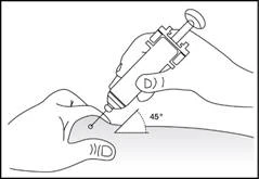 A hand holding a syringe at a 45-degree angle, inserting the needle into the skin, the other hand stretching the skin to facilitate injection