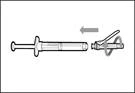 Strzykawka z igłą i mechanizmem do usuwania igły, strzałka wskazuje kierunek usuwania igły ze strzykawki