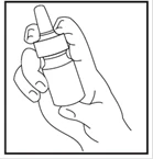 Una mano tiene il flacone con lo spray nasale, le dita avvolgono il corpo, un dito è pronto a premere l'erogatore per rilasciare il farmaco
