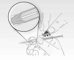 A hand holding a syringe inserting the needle into the skin, with an enlarged view showing details of the syringe mechanism and the needle's position beneath the skin