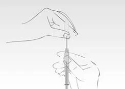 A hand holding a syringe at a 45-degree angle, inserting the needle into the skin