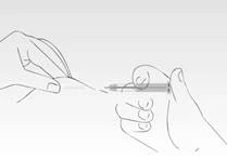 A hand holding a syringe, another hand removing the needle cap, demonstrating the preparation process before injection