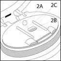 Esquema de un dispositivo médico con etiquetas 2A, 2B, 2C que indican diferentes partes del cuerpo y mecanismos para su correcto uso