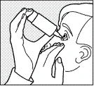 Hand holding a bottle of eye drops, administering drops into the open eye of a patient, the other hand holding the eyelids open for precise application