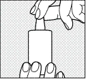 Hand holding a cylindrical container, the other hand pressing the top part to dispense substance from it