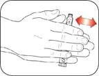 Mani che impugnano un flacone di farmaco, una mano ruota il coperchio mentre l'altra sostiene il flacone, frecce rosse indicano il senso di rotazione
