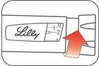 Penna-siringa Lilly con scala di dosaggio e freccia rossa direzionale che indica il meccanismo di somministrazione della dose terapeutica