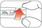 Hand holding Lilly pen injector, red arrow indicating direction of pressing to administer drug dose