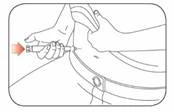 Hand holding a syringe at a 45-degree angle, inserting needle into muscle tissue of the arm, with a red arrow indicating direction of insertion