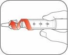 Hand holding a syringe with a red stripe, pointing to dosage markings, needle facing forward for injection