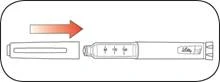 Pen injector labeled 30 mg, with a cap approaching it, red arrow indicating direction of attachment