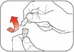 Hand unscrewing a cap from an ampoule, showing rotation direction with a red arrow, the other hand holding the ampoule for opening