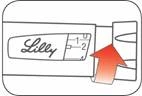 Pulsante con scritta Lilly sulla siringa, freccia rossa indica il meccanismo di somministrazione della dose con segni 1 e 2