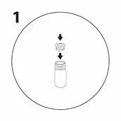 Step 1: An arrow indicates opening the cap of the medicine vial placed within a circular outline