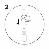 A hand holds a syringe vertically, inserting the needle into the medicine vial; an arrow indicates the downward movement for drawing up the solution