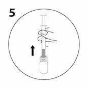 A hand holds the syringe, lifting the plunger upward to draw solution from an ampoule; the number 5 indicates the instruction step