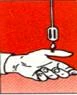 A hand holding a syringe, the needle of which is being inserted into the skin of the palm at an angle, on a red background with visible fingers and a sleeve of clothing