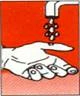 A hand under a tap with running water washing dirt from the fingers on a red background