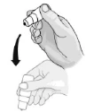 One hand presses the inhaler's dose button, releasing medication, while the other hand holds the device in a vertical position