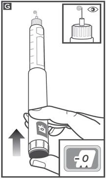 Mano che impugna una penna siringa, sollevando lo stantuffo verso l'alto; lateralmente è mostrata un'immagine ingrandita della punta e dell'indicatore dello zero sul display