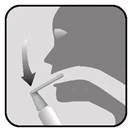 A person's profile administering a nasal spray into a nostril, with an arrow indicating the direction of the spray upward and backward