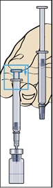 Hand holding a syringe, inserting needle into an ampoule to draw solution, with an arrow indicating direction of plunger depression