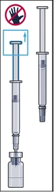 Syringe being inserted into an ampoule to draw solution, 'do not touch' warning above, with a second syringe shown beside containing drawn solution