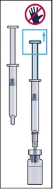 Syringe with needle inserted into an ampoule to draw solution, 'do not touch' warning above, arrow indicating direction of plunger withdrawal